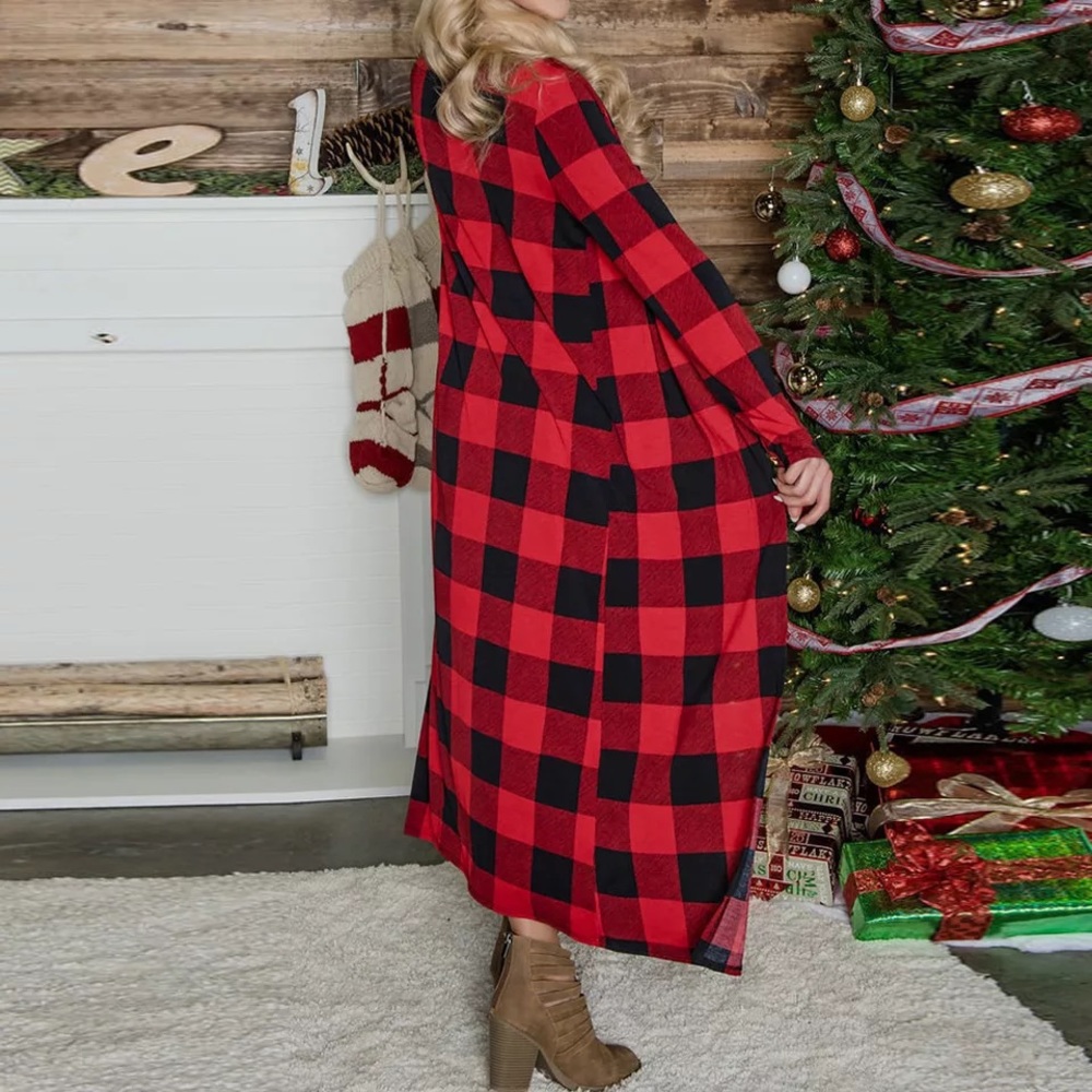 Red & Black Buffalo Plaid Long Sleeve Duster Cardigan - Picture 4 of 16